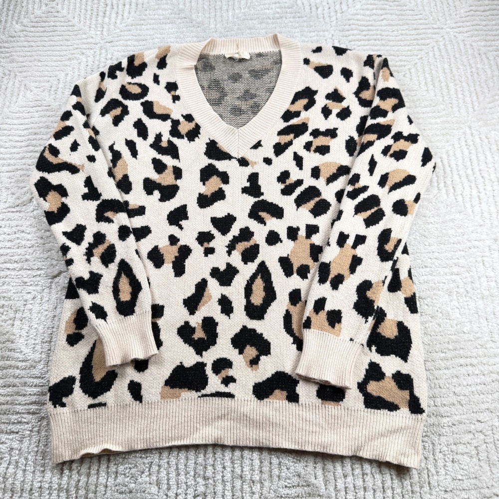 Entro Leopard Print Sweater Womens Medium Tan Black Animal Knit Cozy Fall Preppy